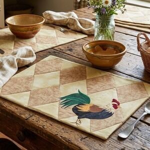 Midwestern Home Products Quilted Rooster Placemats Tan HarlequinI 8 Farmhouse
